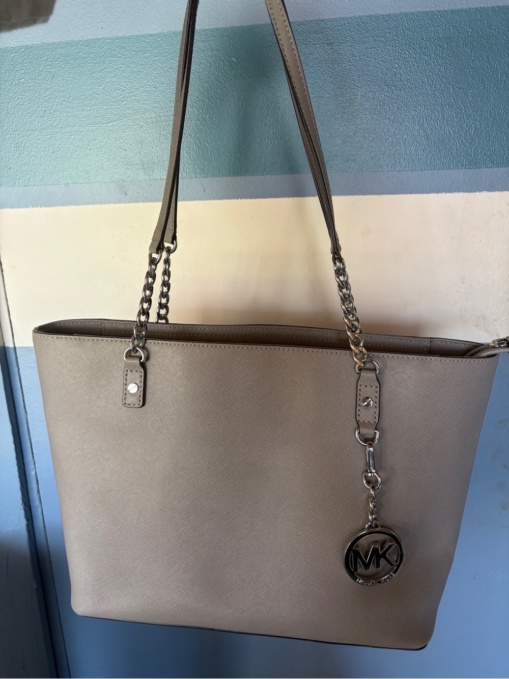 Michael Kors Taupe Saffiano Tote with Chain-Strap Detail